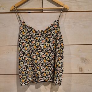 LOFT Black Floral Spaghetti Strap Cami Black w/Yellow & Orange Accents.  Size M